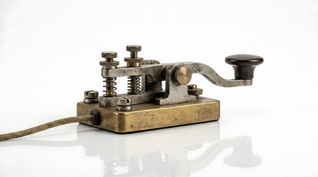 An old brass telegraph machine sits on a reflective white surface with a cord attached.