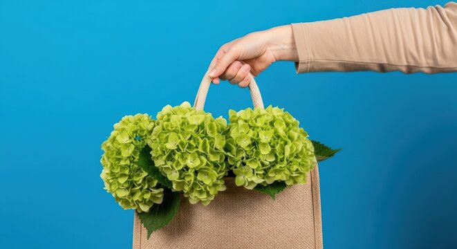 Hand holding a jute shopping bag filled with fresh green hydrangea flowers against a bright blue background