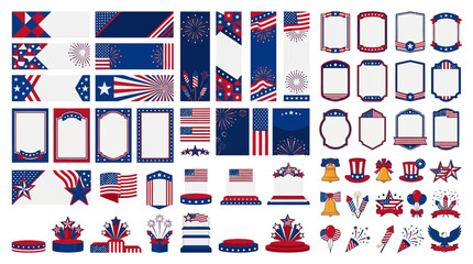 Obraz premium Patriotic frame borders, American flag elements, red white blue icons, 4th of July graphics, USA themed decorations isolated on White Background 4th july, indipendent day , Editable EPS
