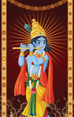 Obraz premium Vector Illustration of Blue Deity Playing Flute with Golden Crown
