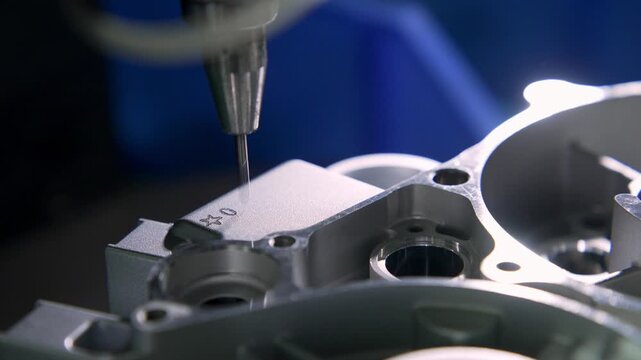 High Tech Laser Engraving Process Marks Serial Number on Metal Engine Block. Factory Production Line Automates Code Carving Procedure. Modern Industrial Chinese Manufacturing Technology 4k