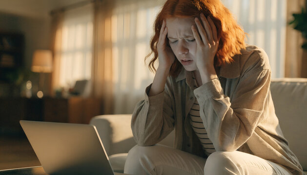 Stressed Woman Working on Laptop at Home