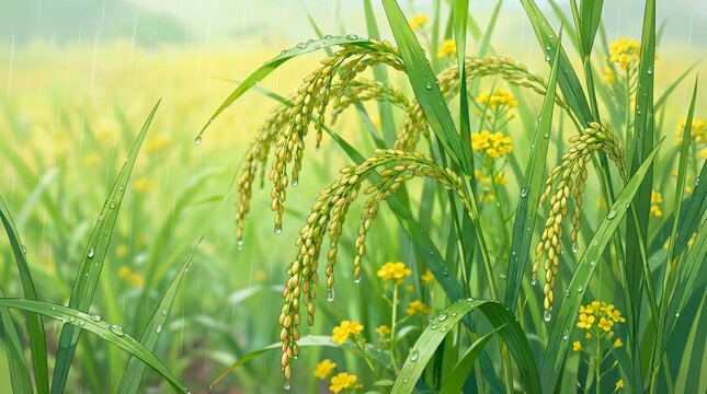 Rice field with green plants and yellow flowers on a rainy day