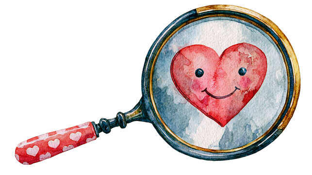 Watercolor hand mirror reflecting a smiling heart, symbol of self compassion and positive self regard, isolated on white background