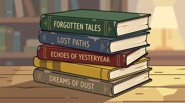 Stack of Vintage Books on Wooden Table in Library Setting - Education, Reading, Storytelling, and Knowledge Concept