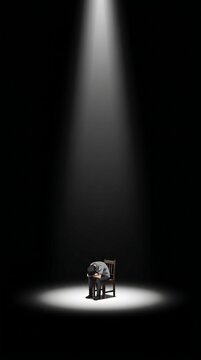 Man sitting alone on chair under spotlight feeling depressed or anxious