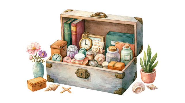 Decorative slightly open memory box with symbolic keepsake objects for grief work and personal history, watercolor illustration isolated on white background