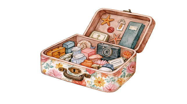 Decorative memory keepsake box slightly open with symbolic objects representing grief work and personal history in a soft watercolor illustration isolated background
