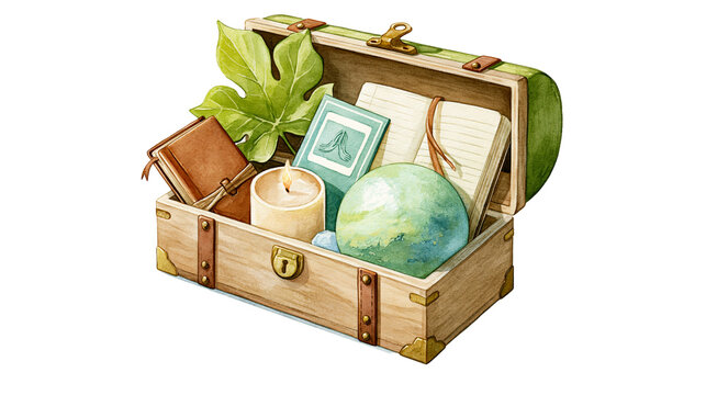 Watercolor illustration of a coping toolbox with notebook, breathing card, candle, stress ball, and leaf symbols isolated on white