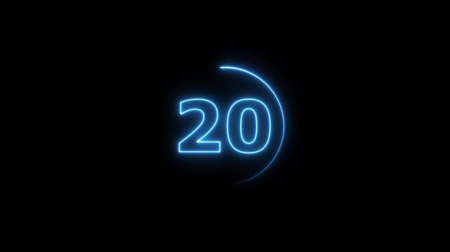 Neon bright glowing countdown timer from 25 to 0 seconds. Neon glowing countdown timer 25 second animation. Neon Countdown on black background. Neon bright glowing countdown timer