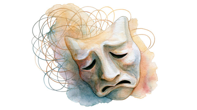 Theatrical social anxiety mask with shy expression and tangled watercolor lines behind it symbolizing hidden emotion isolated