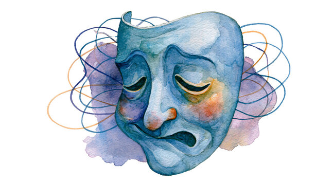 Shy theatrical mask with social anxiety symbolism, delicate tangled line art behind it, watercolor illustration isolated on white background