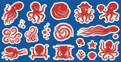 Collection of red octopus and sea creature illustrations on blue background. © Riki