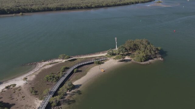 Pedestrian Boardwalk At Jabiru Island - Phil Hill Environmental Park, Paradise Point, QLD, Australia. - aerial shot