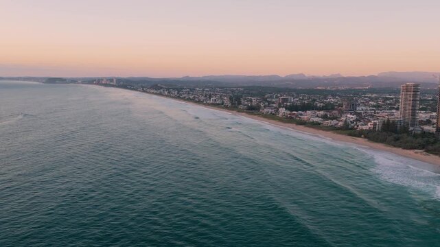 Aerial View Of Broadbeach Coastline During Sunrise In Gold Coast, QLD, Australia. - aerial shot