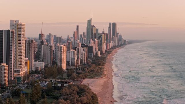 Aerial View Of Surfers Paradise At Sunrise In Gold Coast, QLD, Australia.