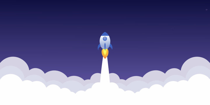 Cartoon rocket launch with smoke trail a flat vector illustration