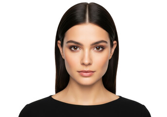Naklejka premium Smiling woman with long dark hair looking straight