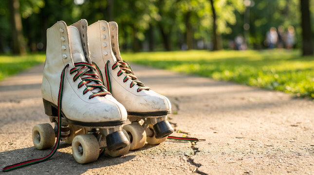 Vintage white roller skates on a sunny park path in summer