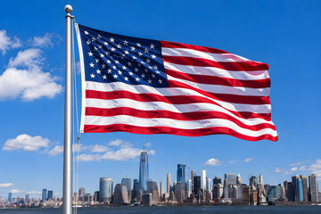Naklejka premium Patriotic theme featuring the American flag with an urban backdrop. Reinterpreted to avoid specific copyrighted skylines while retaining the inspiring, clean commercial aesthetic.