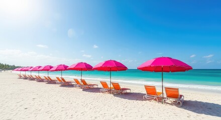 Fototapeta premium Pink beach umbrellas and orange chairs on tropical white sand