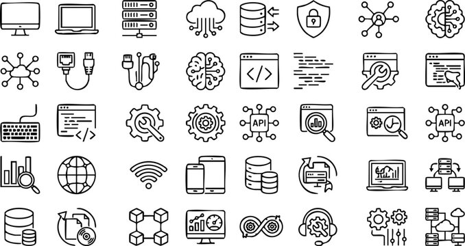 Comprehensive collection of technical line icons for web development and digital infrastructure concepts