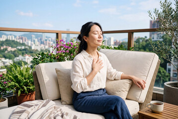 Obraz premium East asian woman sitting on a balcony sofa relaxing with a city view