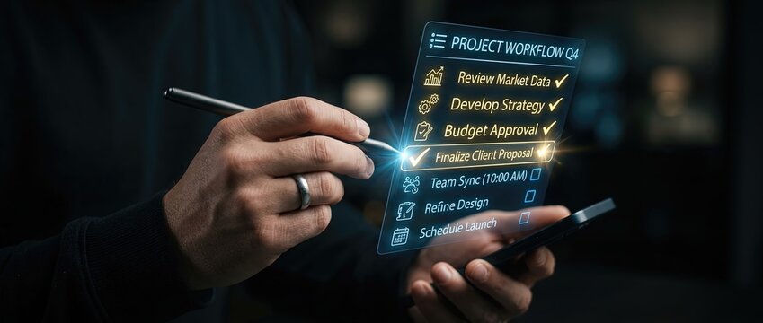 Innovative project management workflow demonstration office environment digital content modern technology close-up viewpoint efficiency and collaboration strategies
