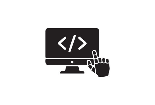 Coding, web development, programming icon, computer screen with code symbols, hand cursor
