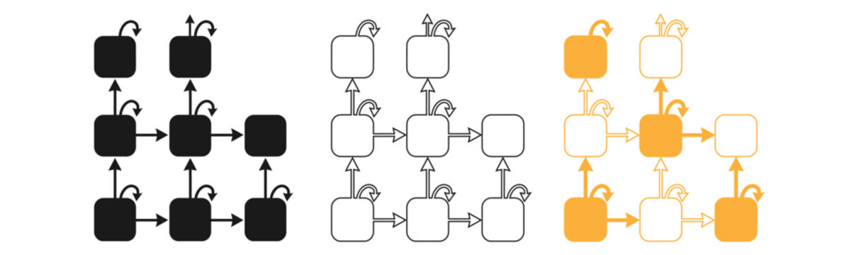 Workflow diagram set black white and gold variations illustrating process flow and iteration for business concepts