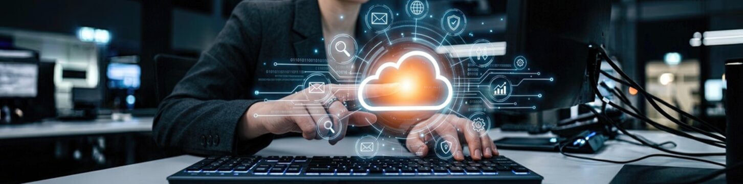 Cloud computing implementation office environment digital transformation modern workspace close-up view innovative technology solutions for enhanced productivity