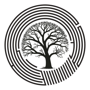 Circular labyrinth maze with central oak tree silhouette for wisdom and path finding concept