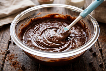 Fototapeta premium Homemade chocolate brownie batter in clear glass mixing bowl