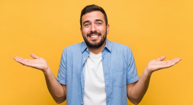 Confused young man shrugging shoulders, isolated on orange background