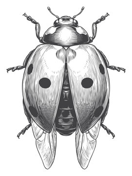 Hand Drawn Ladybug with Open Wings Vector Graphic, Vintage Engraved Insect Illustration for Eco Branding, Print, and Apparel Design