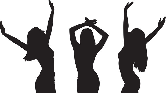 Silhouettes of three dancing women with arms raised