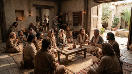 Fototapeta premium Apostles and holy woman gather for prayer in Jerusalem. Early disciples learn gospel teaching, biblical narrative of Acts. Group discussion in ancient home. Historical religious history