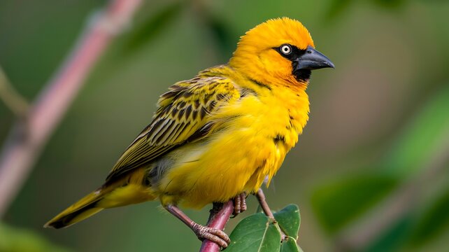 Yellow weaver bird perched on branch in natural wildlife habitat