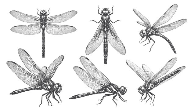 Vintage Hand Drawn Dragonfly Collection Vector Illustration Set, Detailed Engraved Insects for Logo, Branding, Tattoo, and Print Design