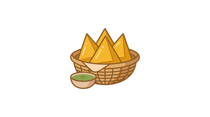 Obraz premium Golden Samosas in Wicker Basket with Green Chutney Dip - Indian Appetizer