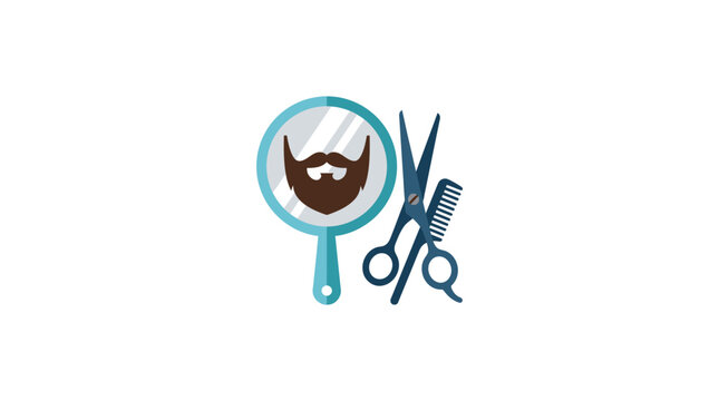 Grooming Tools: Beard, Scissors, Comb, and Mirror - Flat Icon