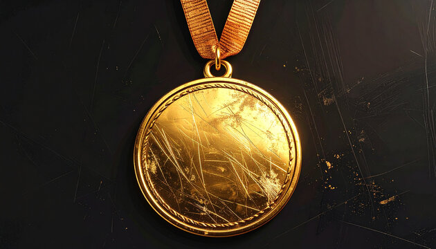 Close up of a golden medal with ribbon against dark surface
