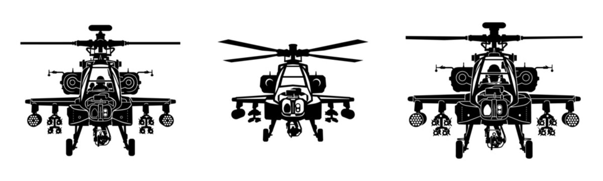 Apache helicopter front view vector silhouettes set. Military attack helicopter face icons isolated on white background.