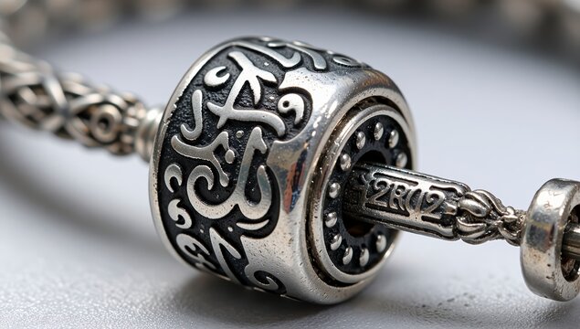 Intricate Silver Prayer Bead Pendant with Chain on Neutral Background
