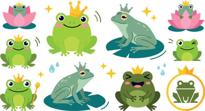 Cute Frog Prince Vector Character Set Featuring Crowns Lotus Flowers Water Lilies Lily Pads and Royal Emblems for Fairytale Storybook Children Nursery Graphic Designs