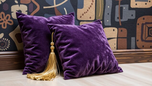 Purple Velvet Cushions with Gold Trim on Ornate Sofa for Religious Festival Decoration