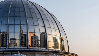 Naklejka premium Traditional mosque dome with geometric patterns against clear blue sky in Islamic architecture