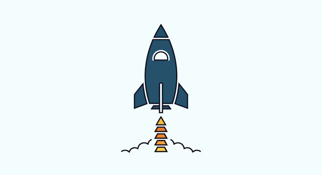 Blue rocket ship launching into space with smoke trail.