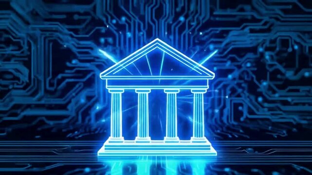 A glowing digital bank icon stands against a dark circuit board background symbolizing digital finance and fintech technology. light video
