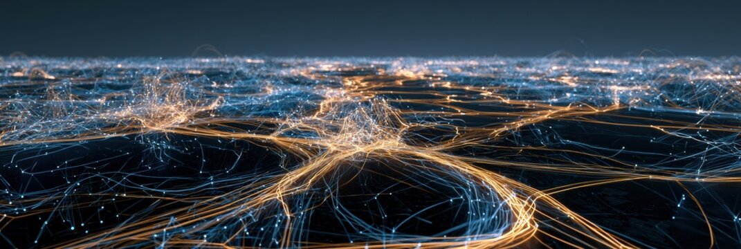 Dark surface displays route lines in gold and electric blue connecting points. The design highlights pathfinding and decision intelligence concepts.